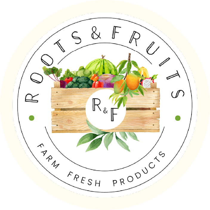 Logo for 'Roots & Fruits' with a wooden crate of fresh produce on a white background